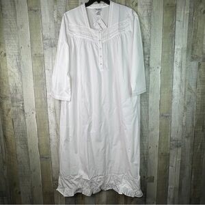 Amadora by Cuddledown XL Long White Gown with Eyelet Lace Neckline Bottom Ruffle